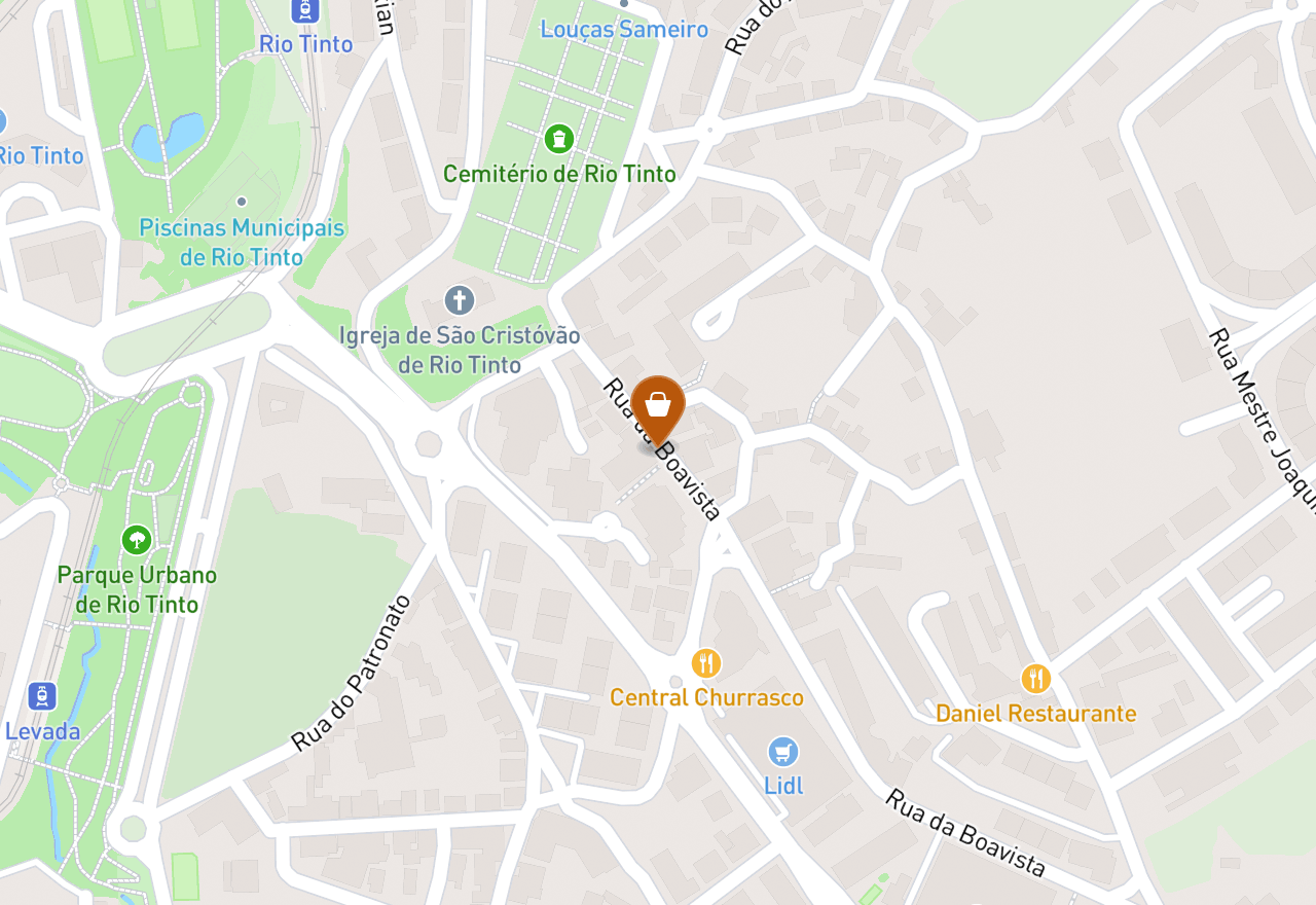 Mapa com a localização do armazém FinaGema na Rua da Boavista 545, em Rio Tinto